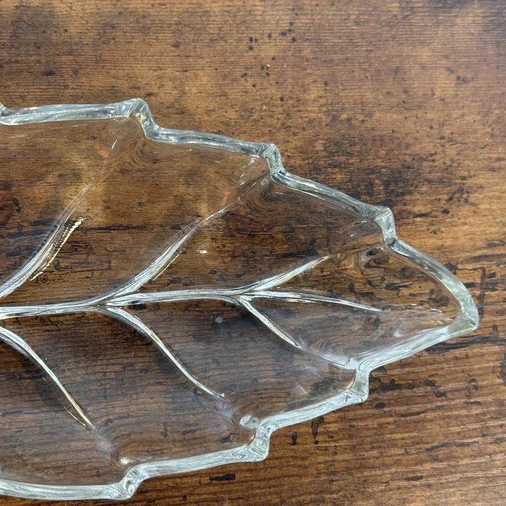 Vintage Clear Glass Leaf Shaped Relish Tray‎ Nut Trinket Dish 9.75